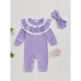 thumbnail image 2 of aturustex Infant Baby Girl Onepiece Jumpsuits Outfits Newborn Long Sleeve Full Length Ribbed Romper Ruffle Lace Trim Bodysuits Bow Headband Toddler Lie Casual 2 Piece Spring Fall Clothes Set, 2 of 7