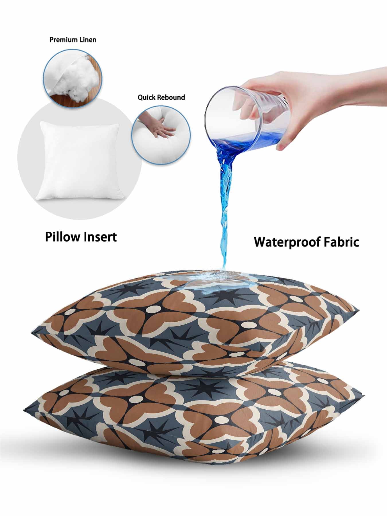 1 Pack Outdoor Pillows Waterproof, Blue Brown Flowers Indoor/Outdoor Throw Pillows with Inserts, Farmhouse Boho Geometric Floral Decorative Pillow for Patio Furniture Chairs Couch