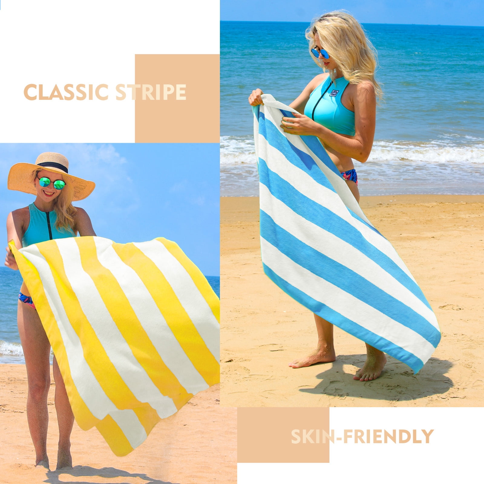 Exclusivo Mezcla 4-Pack Cotton Oversized 35"x70" Cabana Stripe Beach Towels, Super Absorbent Soft Plush Pool Towel, Bath Towel (Blue)