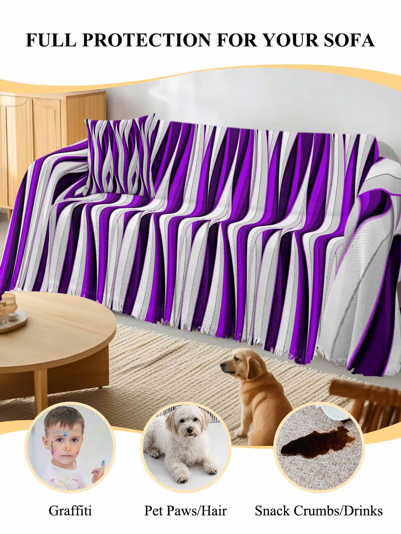Purple White Moire Couch Cover, Modern Abstract Art Sofa Cover Blanket for 2 Seat Cushion,Sectional Sofa Slipcover Furniture Protector for Living Room Bedroom 71''x102''