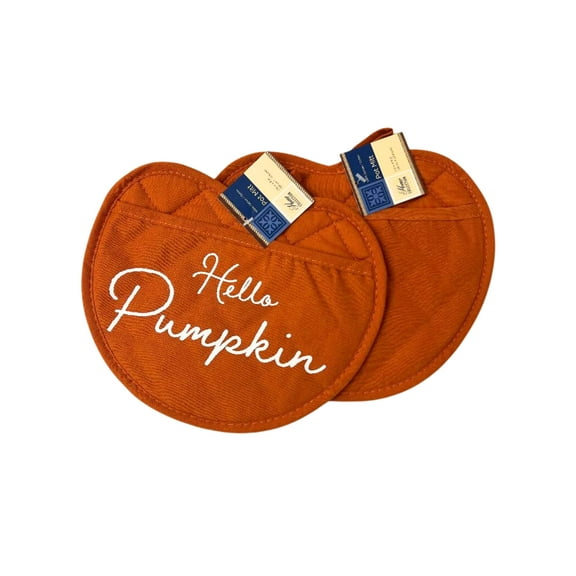Set of 2 Hello Pumpkin Pot Holders Oven Mitts Pumpkin Shaped Potholders Fall Autumn Decor Kitchen Linens C49