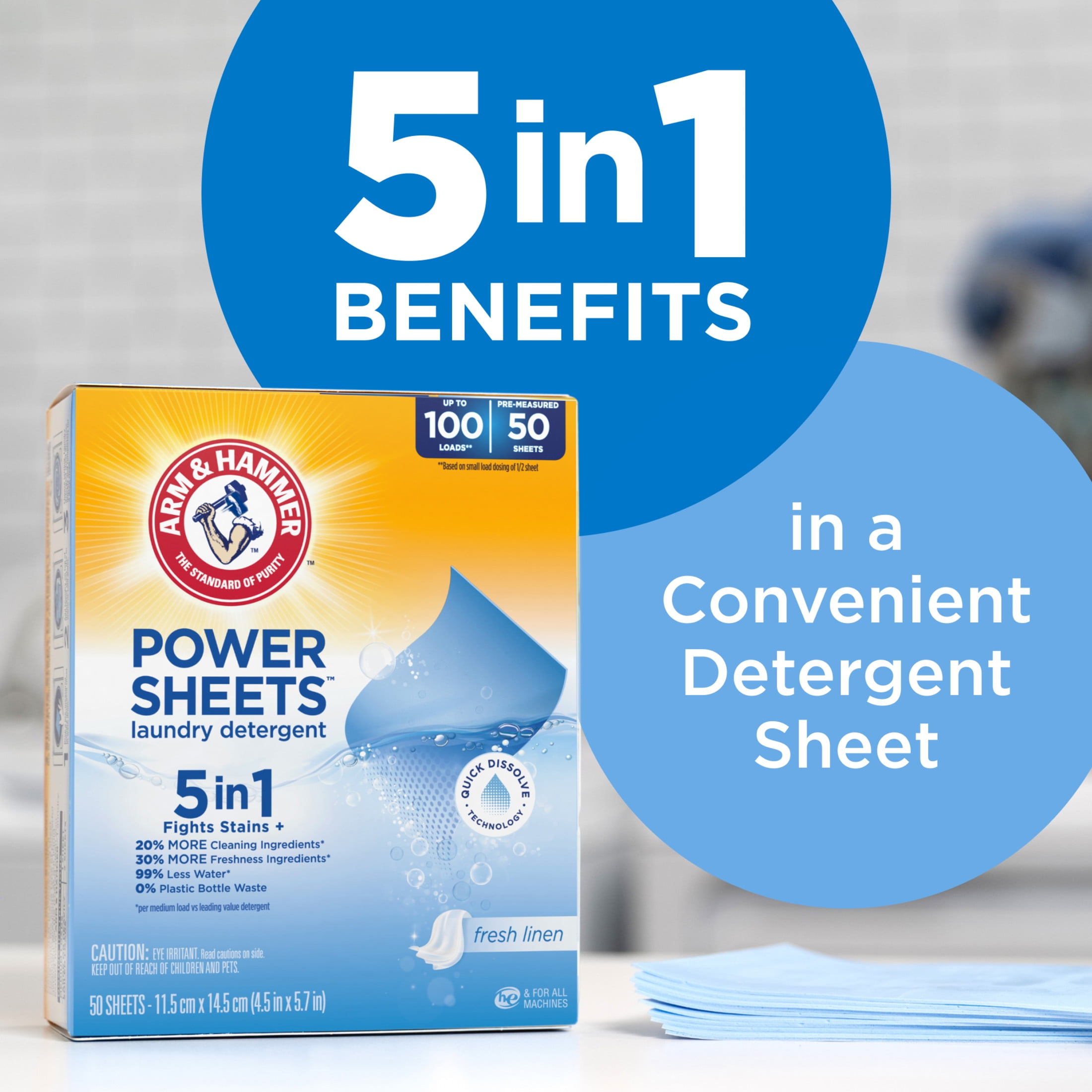ARM & HAMMER Power Sheets Laundry Detergent Sheets, Fresh Linen, 50 Count, up to 100 Loads