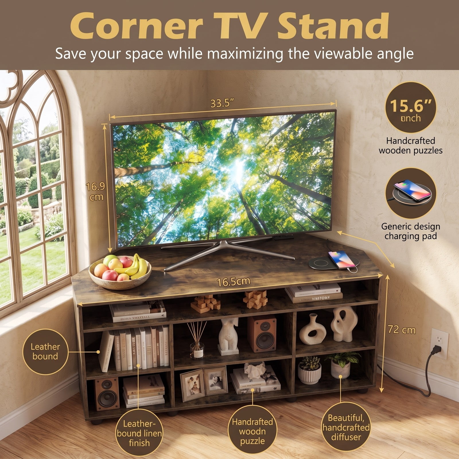 Furnibear Corner TV Stand for TVs up to 55 Inch, Entertainment Center with Charging Station, 3 Adjustable Shelves, Wood Media Console Side Cabinet for, Rustic Brown
