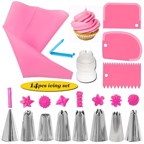 ACDANC 14Pcs Cake Decorating Kit with 8 Piping Nozzle Tips,1 Pastry Bag,1 Bag Clip,3 Icing Smoother Spatulas,1 Coupler Pink