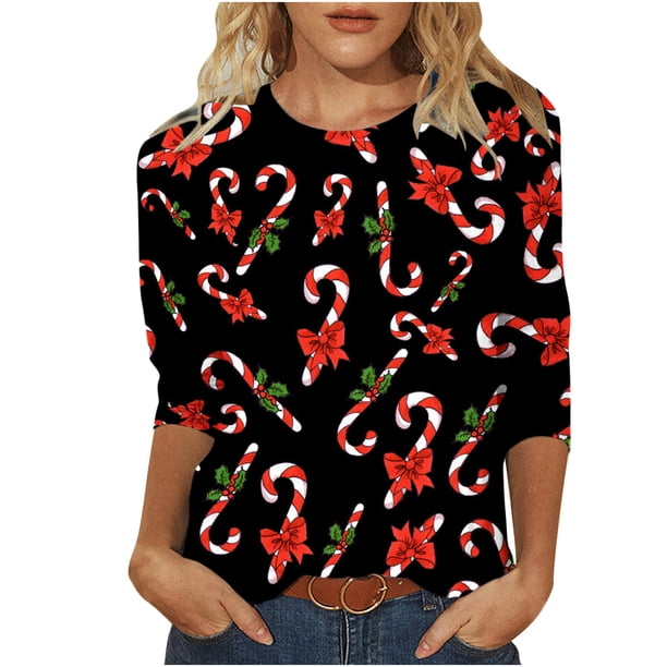 Camisas Navideñas Para Mujer Moda Blusa de Manga Tres Cuartos Cuello Redondo Casual Chriatmas Impreso Tops Odeerbi ODB200444