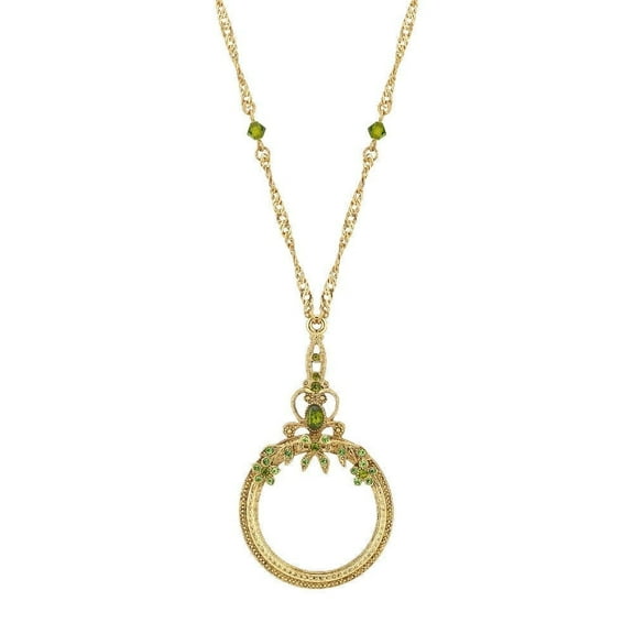 1928 Jewelry Olivine Crystal Floral Brass-Tone Magnifying Glass Pendant Necklace For Women, 30 Inch Long - Magnification Power: 2X