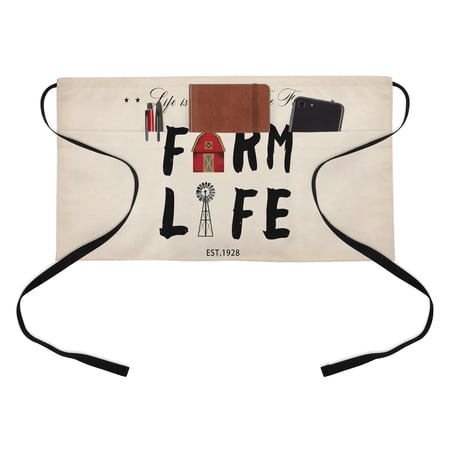 Farm Life Kitchen Restaurant Half Waist Apron, Barn Cow Chicken Pig Farmhouse Server Short Apron with 3 Pockets Waterproof Oil Waist Aprons for Women Waitress Waiter