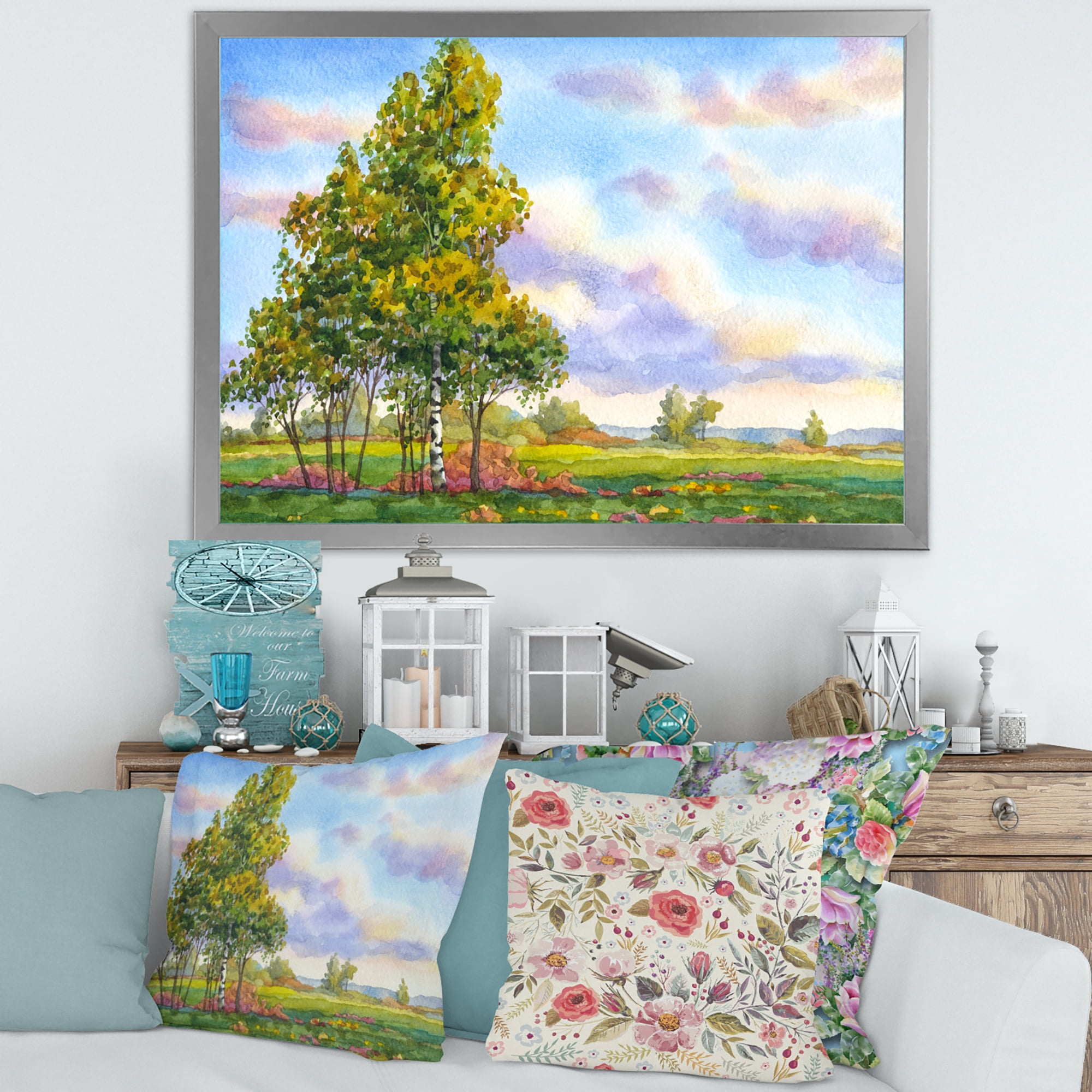 Designart 'The Trees In The Evening Landscape Field ' Traditional Framed Art Print