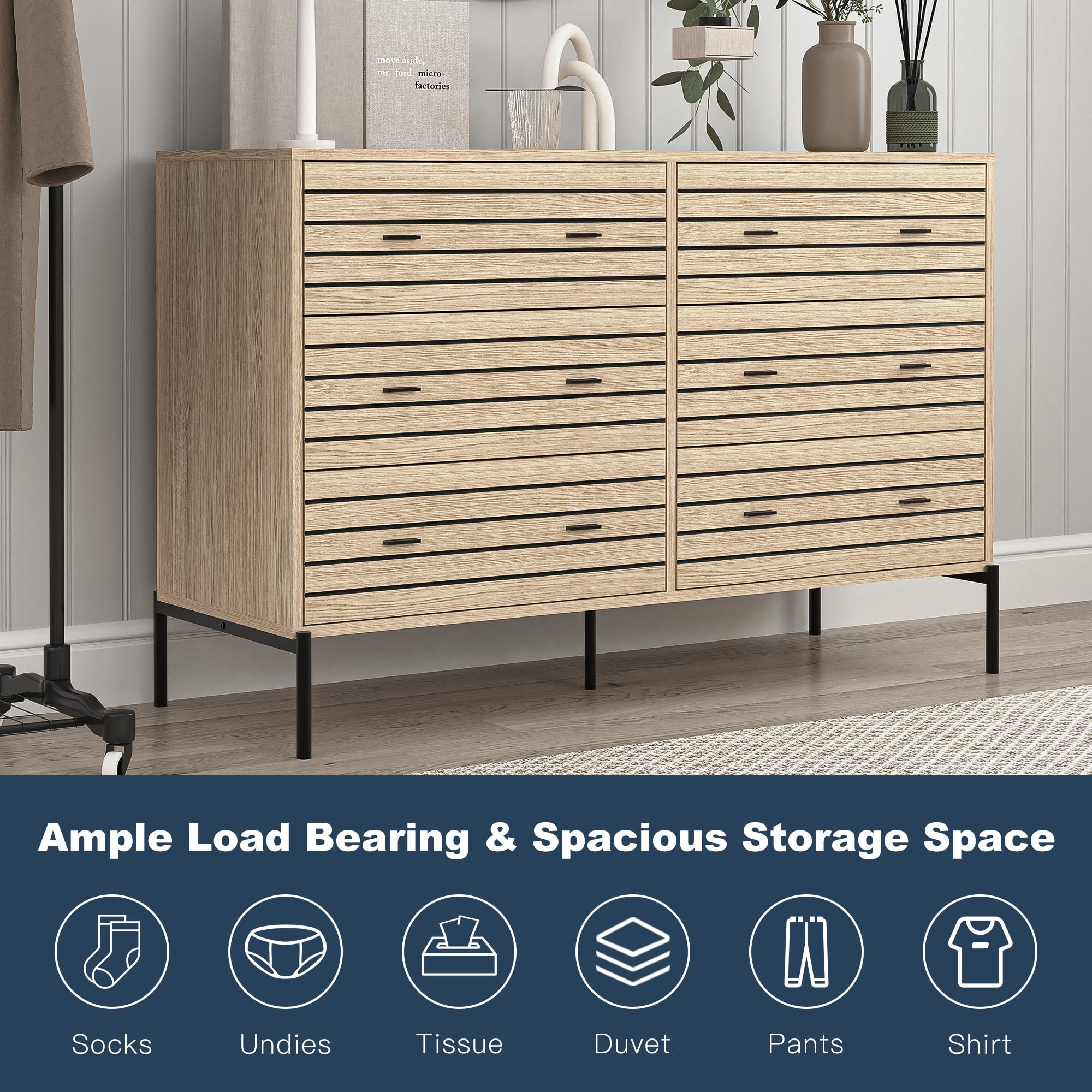 Finihen 6 Drawers Dresser, 47" Wide Modern Chest of Drawers with Curved Profile Design, Wood TV Stand Organizer for Bedroom, Living Room, Hallway, Beige Finihen 6 Drawers Dresser, 47" Wide Modern Chest of Drawers with Curved Profile Design, Wood TV Stand Organizer for Bedroom, Living Room, Hallway, Beige