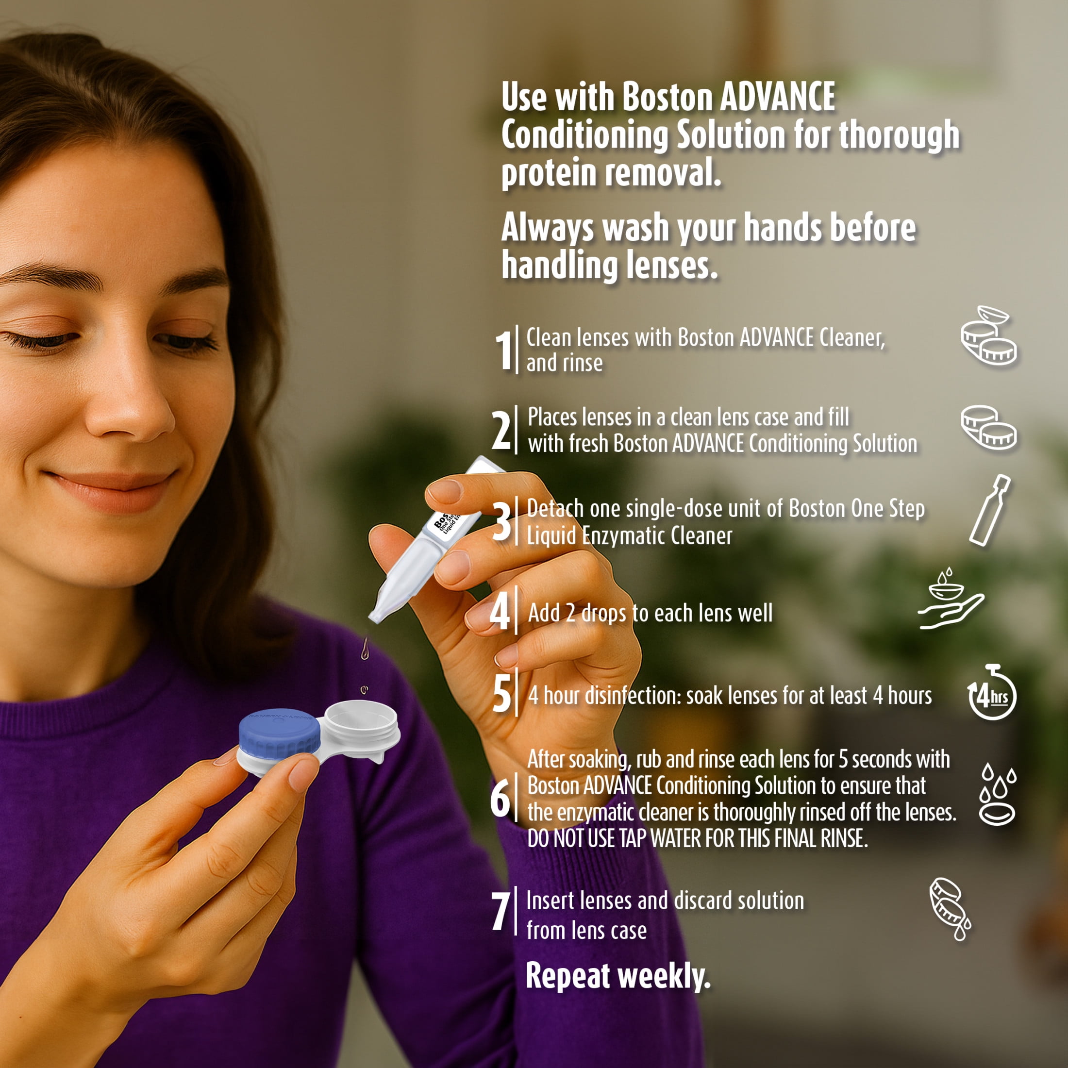 Boston One Step Liquid Enzymatic Cleaner – from Bausch + Lomb, 15 Sterile Single-Use Dispensers