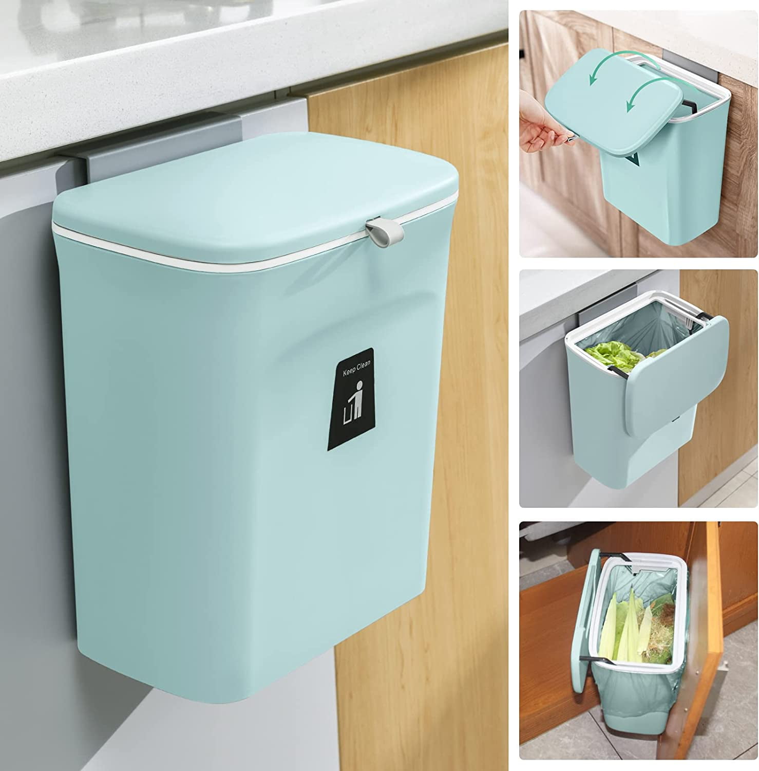 SwellishColor Kitchen Trash Can Include Inner Bucket,for Under Sink or  Cabinet Door, 2.4 Gallon Hanging Compost Bin Garbage Can for