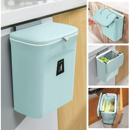 

2.4 Gallon Kitchen Compost Bin for Counter Top or Under Sink Hanging Small Trash Can with Lid for Cupboard/Bathroom/Bedroom/Office/Camping Mountable Indoor Compost Bucket Gray