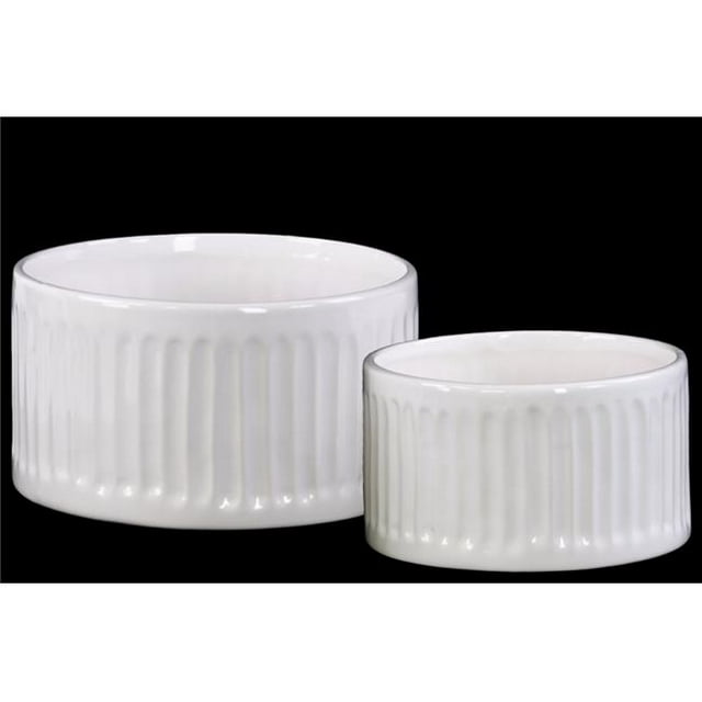 Benzara BM133133 Élégant Pot Rond Nervuré - Blanc - 8 x 8 x 4,5 Po - Lot de 2