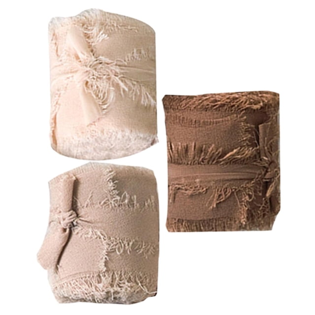 Rongfmy 3 Rolls Chiffon Silk Ribbon 2" x 5yd Frayed Edges Ribbon for Decorations Coffee Coffee Series