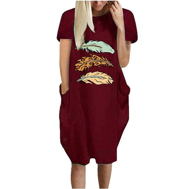 Leutsin Robe Mode Femme Col Rond Imprimé Plume Manches Courtes Robe Décontractée Ample