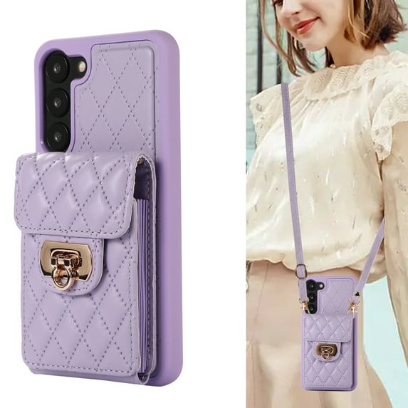 ELEHOLD for Samsung Galaxy S22 Wallet Case with Card Holder, PU Leather Shockproof Crossbody Case with Metal Snap Adjustable Strap Lanyard Compatible with Samsung Galaxy S22,Purple