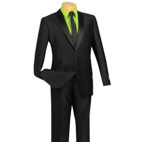 Vinci Mens Slim Fit Black Sharkskin Tuxedo Style Suit S2PS-1