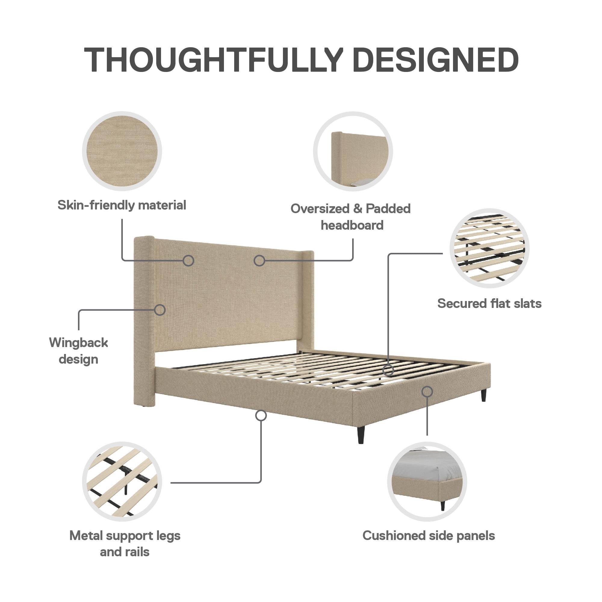 DHP Eveline Upholstered Platform Bed Frame with High Wingback Headboard, King, Textured Beige Canvas
