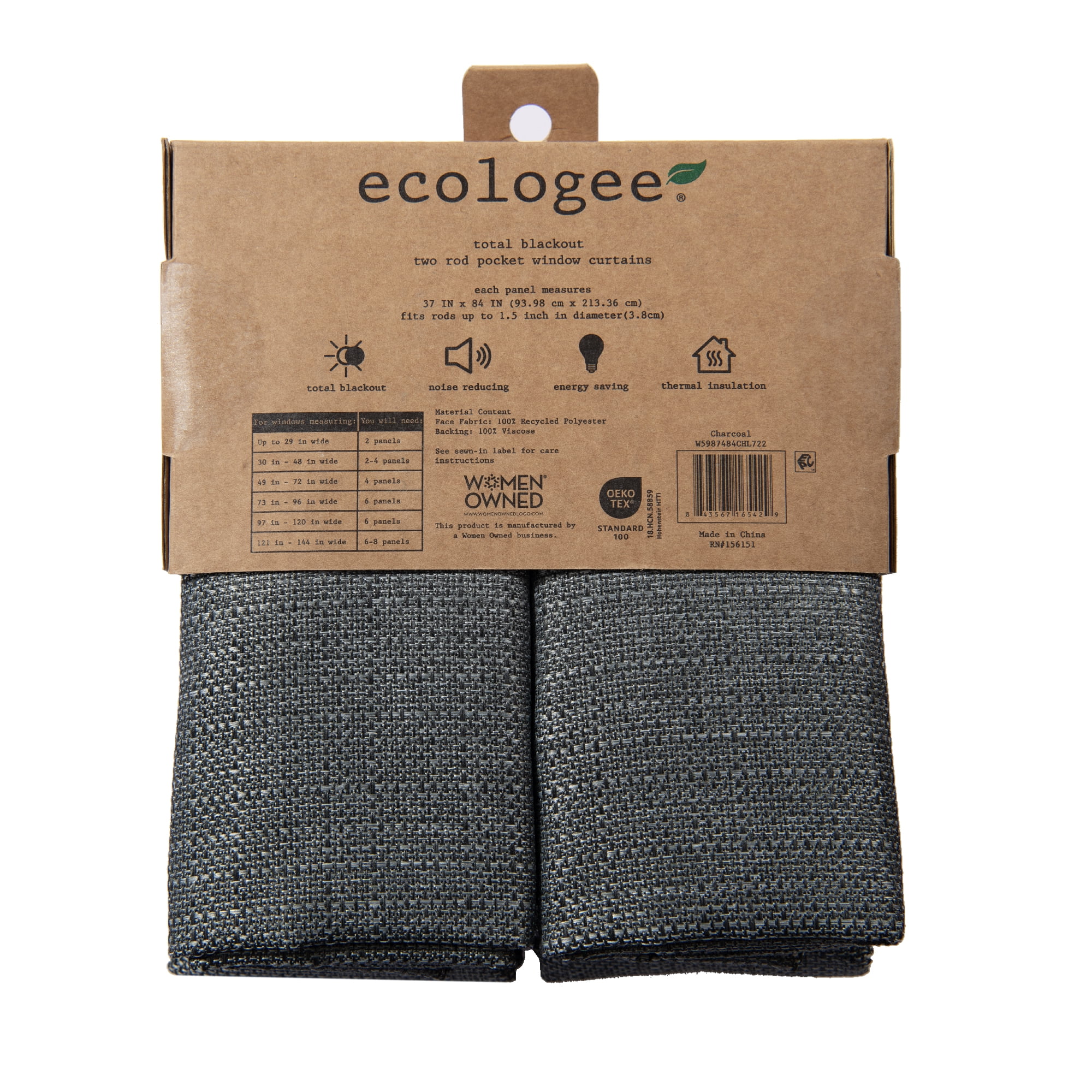 Ecologee Wakefield Textured 100% Blackout Rod Pocket Indoor Curtain Panel Pair, Charcoal, 37" W x 84" L