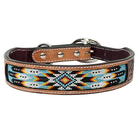 Large Strong Genuine Leather Dog Collar Beaded Hand Tooled Hilason