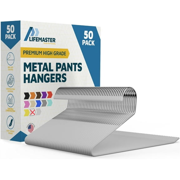 Lifemaster Metal Pants Hangers, Non-Slip Space-Saving Open-End Closet Organizer for Pants, Jeans & Trousers, 50 Pack, White