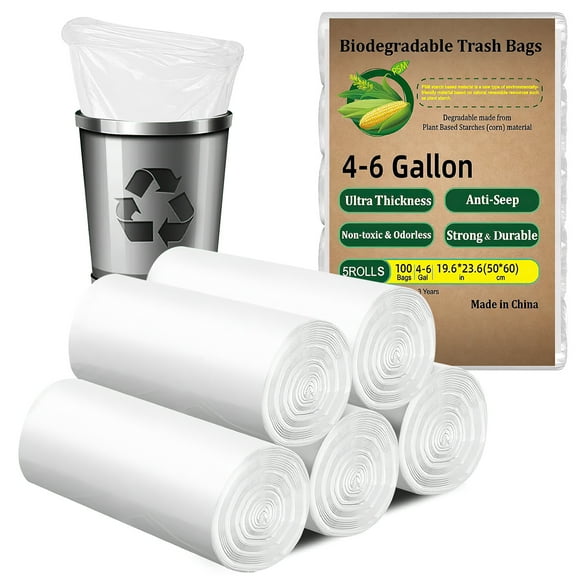 Cshidworld 100 Count Biodegradable Trash Bags 4-6 Gallon, White Small 4 Gallon Garbage Bags, Durable & Easy-Tear Design, Perfect for Home & Office Use