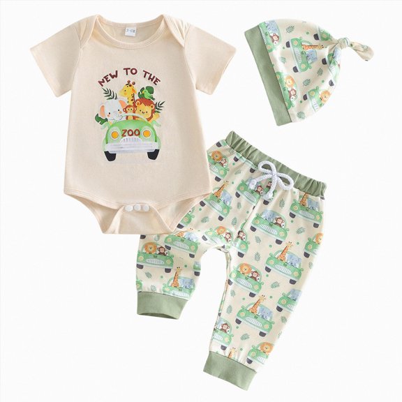 Wonitaaizi Newborn Baby Boy Clothes Zoo Animals Short Sleeve Romper Shirt Top Pants Hat Set Summer Outfits(6-9 Months,Beige)