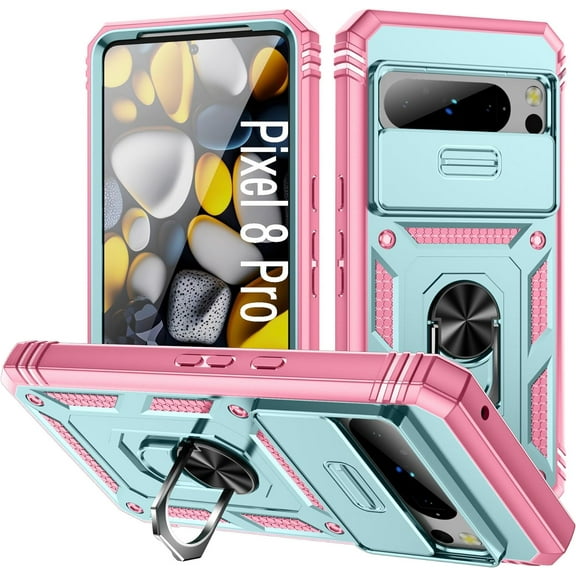 Case for Pixel 8 Pro, Slide Lens Protective Case Shockproof Impact Resistant with Kickstand Cover Case for Google Pixel 8 Pro Pink Green