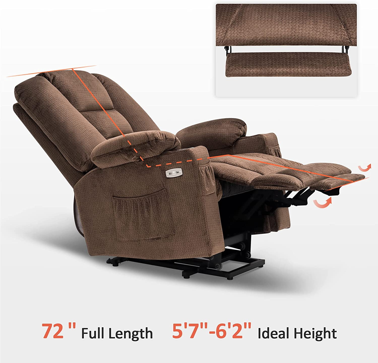 MCombo Large Power Lift Recliner Chair Sofa with Massage and Heat for Elderly People, Extended Footrest, Hand Remote Control, Lumbar Pillow, Cup Holders, USB Ports, Fabric 7549 (Large, Brown)