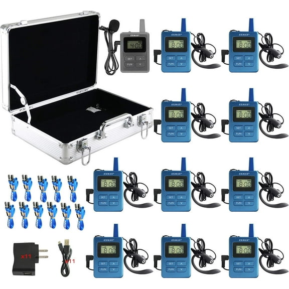 EXMAX ELGT-470 UHF Wireless Whisper Acoustic Transmission System Church Translation Teaching Summit Simultaneous Interpretation Walking Tour 1 Transmitter 12 Receivers   Silver Aluminium Storage Case