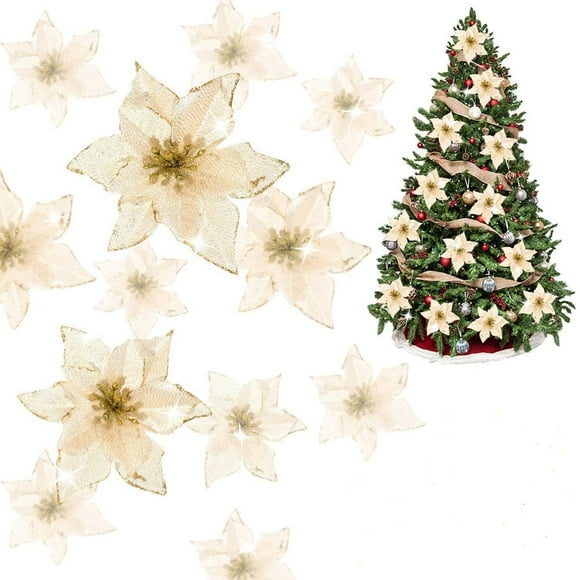 POINTERTECK 12 Pieces Christmas Poinsettia Decorations Glitter Poinsettia Flowers Christmas Tree Flowers Red Gold White Silver for Xmas Tree Ornaments 5.9”