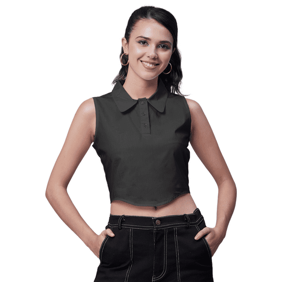 Moomaya Solid Tank Tops For Women, Sleeveless Collar Neck Shirt Crop Top Blouse