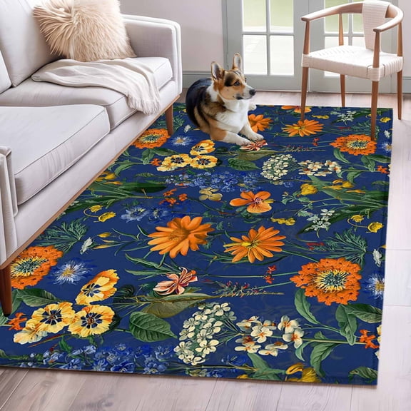 Area Rugs for Living Room Bedroom, Orange Blue Spring Floral 4'x6' Rug Washable Carpet Runner Indoor Outdoor, Vintage Botanical Summer Flower Non Slip Accent Floor Mats Rug for Kitchen, Office