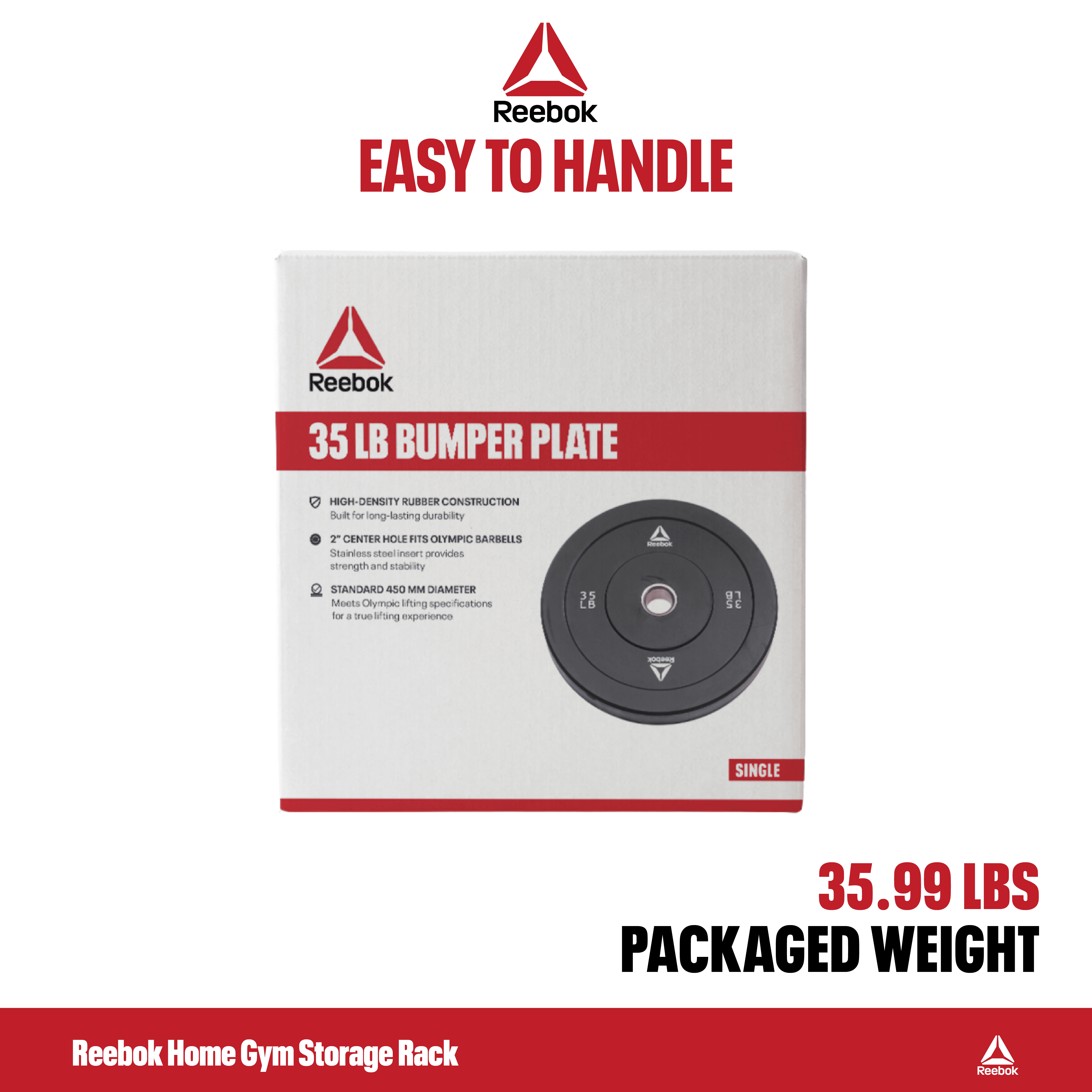 Reebok 35lb Olympic Rubber Bumper Plate – Low-Bounce Plates for Strength Training