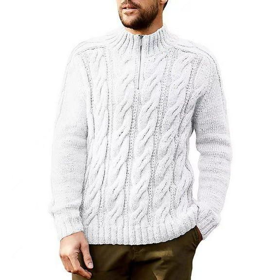 Mens Quarter Zip Sweater Cable Knitted Mock Neck Pullover Sweaters Textured Solid Long Sleeve Knitwear Tops (XL, White)