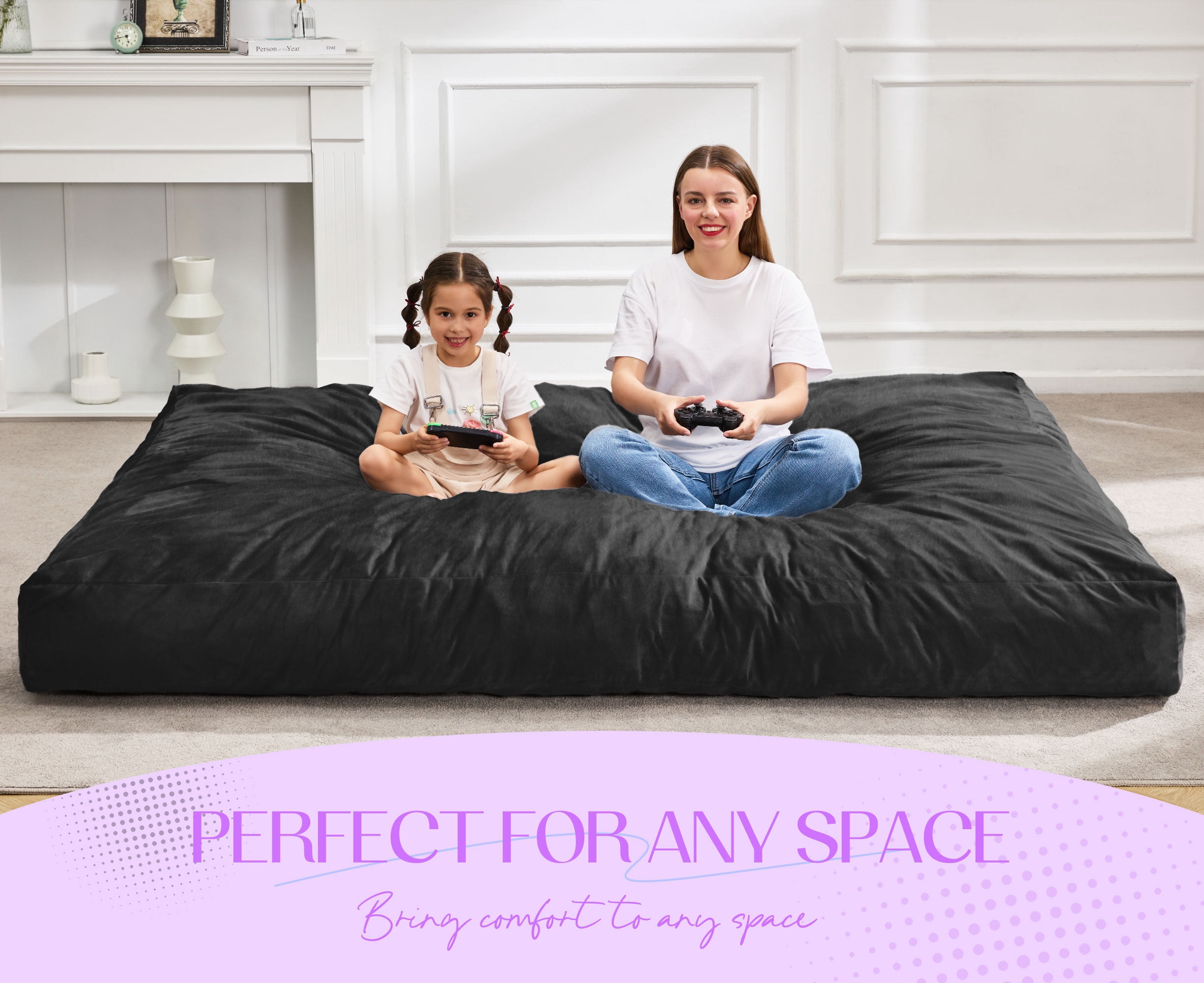 Hobestluk Bean Bag Chair 3 in 1 Beanbag Chairs for Adults, Large Bean Bags with Removable Velvet Cover, Convertible Adult Bean Bag Chair for Living Room, Bedroom, Playroom (Black, Queen)