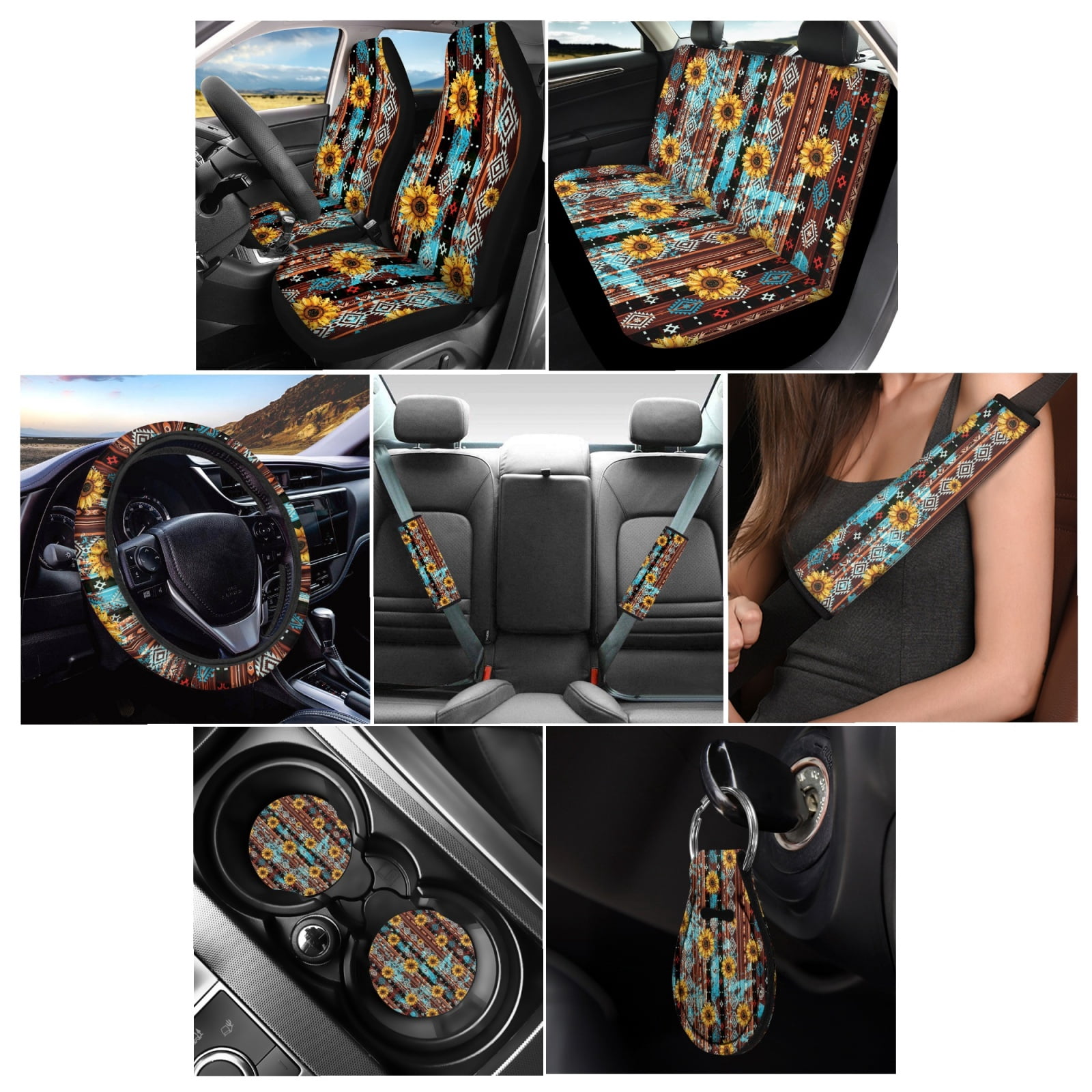 Renewold American Tribal Sunflower Brown 11 Pack Car Seat Covers Full Set, Universal Car Seat Protector Set with Steering Wheel Covers Seat Belt Covers Coaster Keyrings Fit for Most Cars SUV