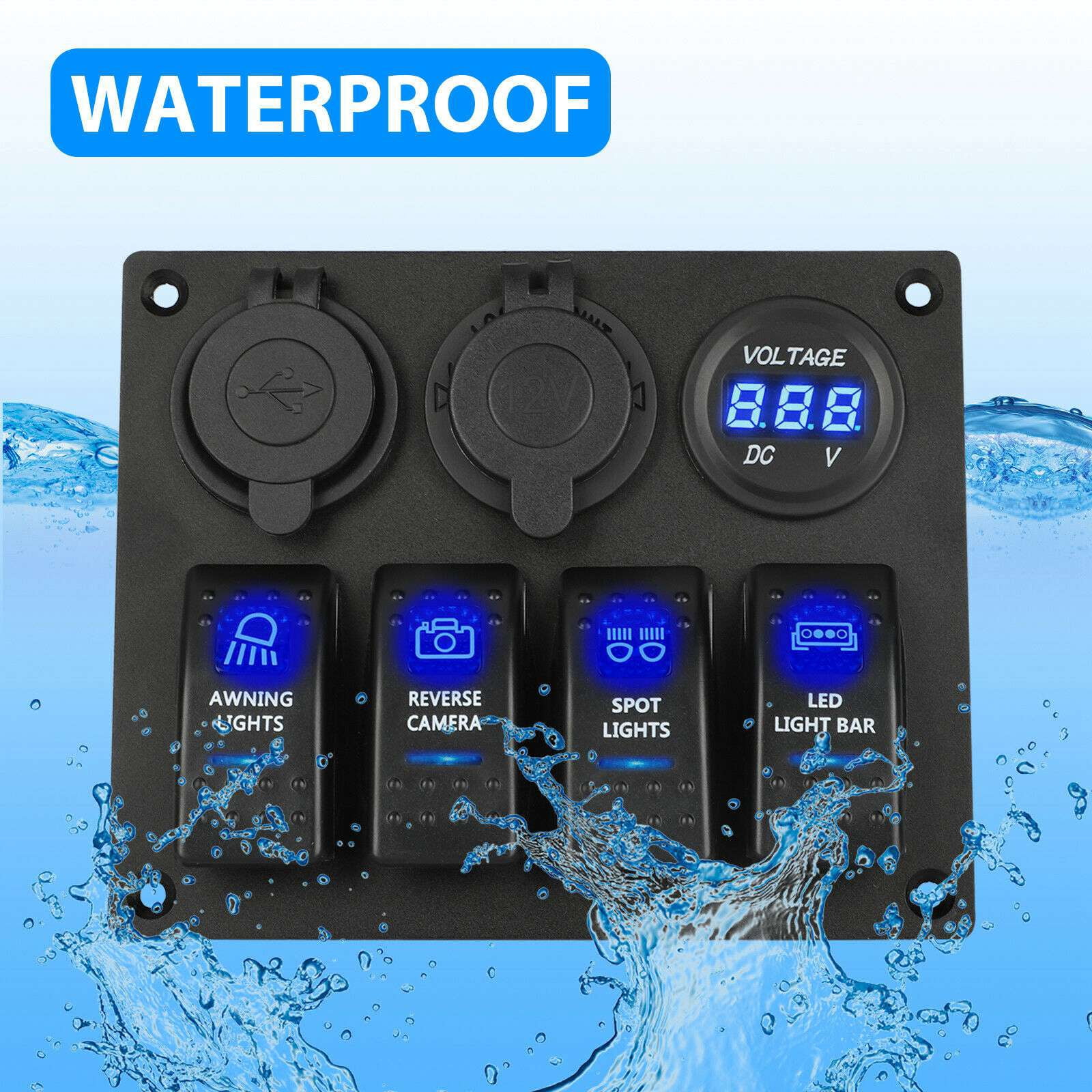 12-24V 4 Gang Toggle Blue LED Rocker Switch Panel Circuit Breaker Waterproof for Car Marine Boat