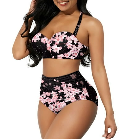 Yuyamidu Comfortable Tankini Bathing Suits with Bottom Adjustable Strap High Waist Bikini Set Size M Cherry Blossom Tie Closure Swimsuit Summer Pool Party Clothes  Set of 2