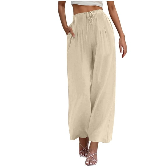 Dezsed Women's Cotton Linen Summer Palazzo Pants Flowy Wide Leg Trousers Casual Lightweight Loose Beach Pants with Pockets Beige L
