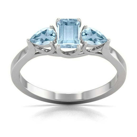 Emerald and Pear Cut Natural Aquamarine Gemstone Ring in 14K White Gold (Size: 4.5)