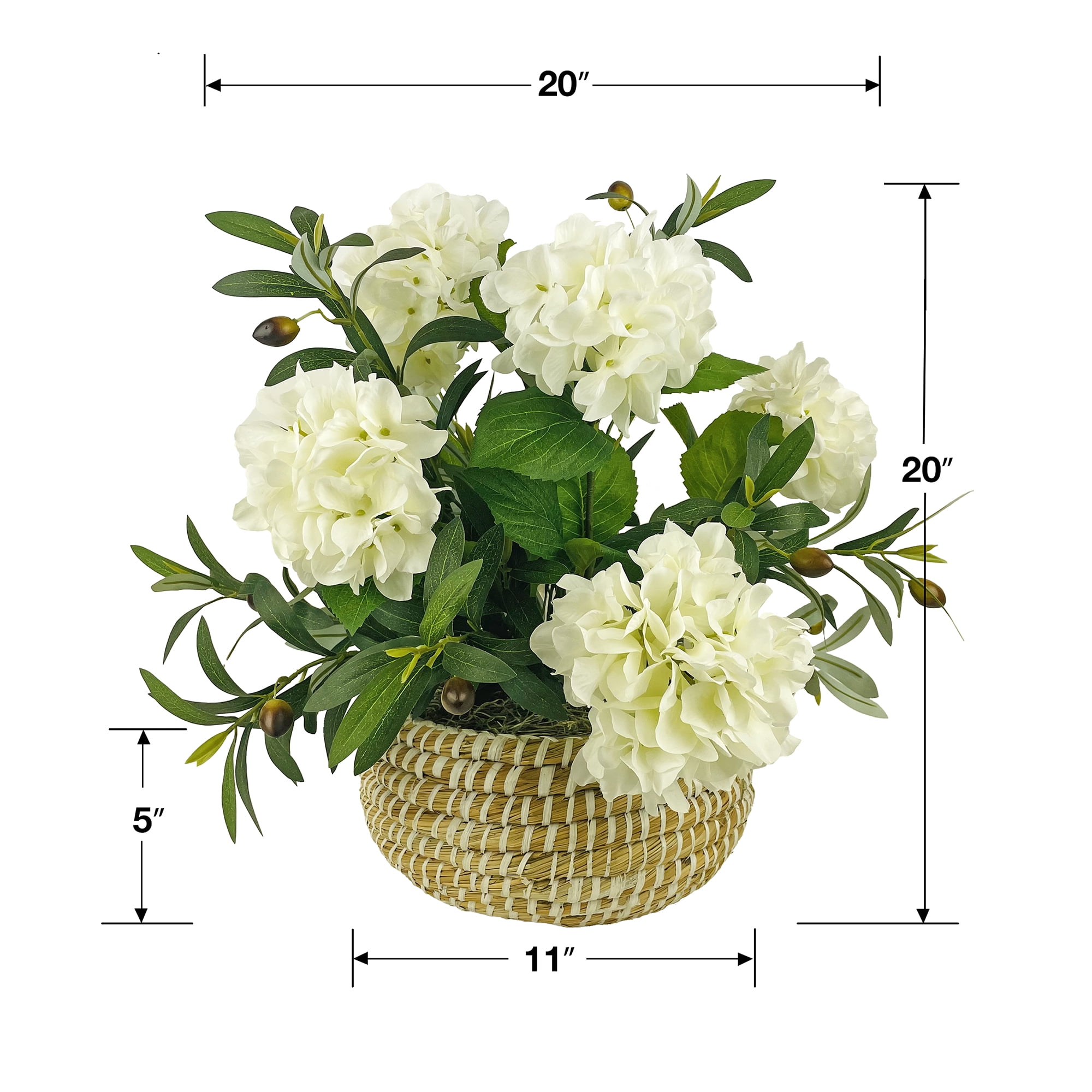 Artificial Plant, 1.67ft Artificial White Hydrangea Plant with Olive Branches in a White Basket by LCG Florals, Faux Designer Fake Indoor Tree for Living Room, Office, and Home Décor