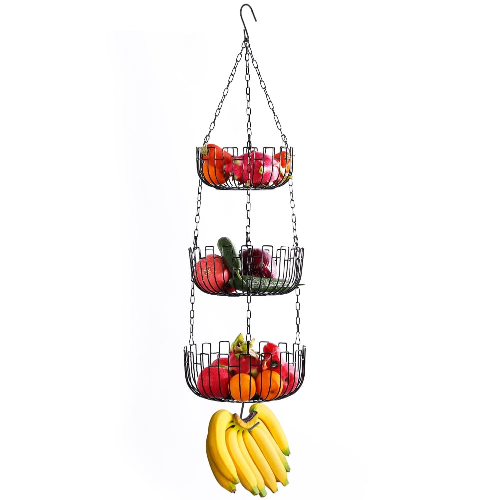 3 Tier Fruit Basket Hanging Kitchen Storage Holder Iron Wire Chain  Organizer 
