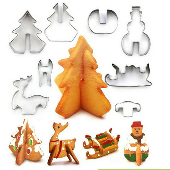 HONITANO 8Pcs 3D Snowman Xmas Tree Sleigh Deer Cookie Molds Food Grade Stainless Steel For Diy Baking Tools