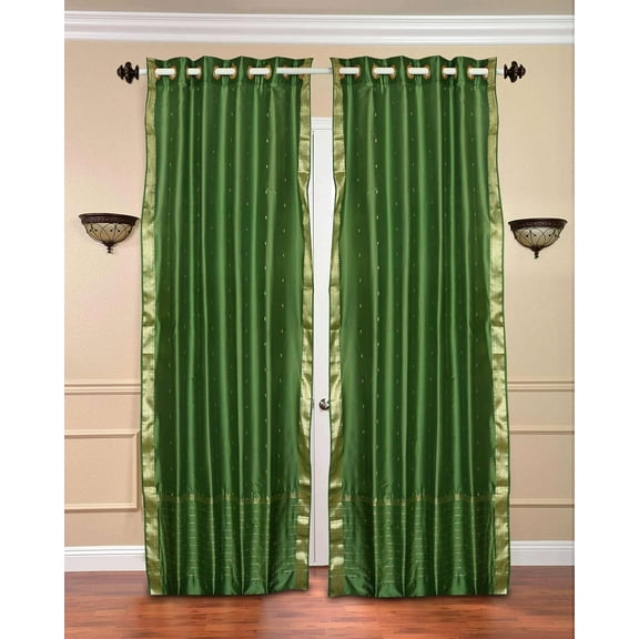 Ring Top Sheer Sari Curtains 60" W X 120" L matching tiebacks- Handcrafted Forest Green Indian Drapes Unlined for light & airy ambience Perfect for Living/Bedroom/Dining Room Sold in Pairs