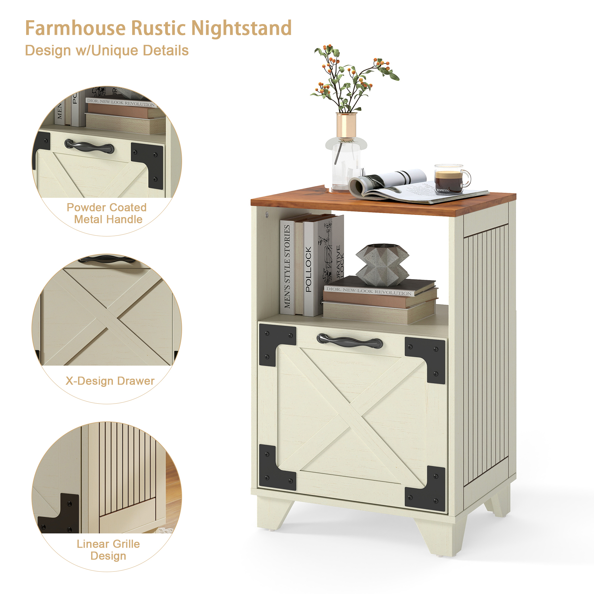Manxile Fluted 2-Drawer Nightstand with Charger Station, Farmhouse Nightstand Storage Shelf, Bedside Table for Bedroom Living Room