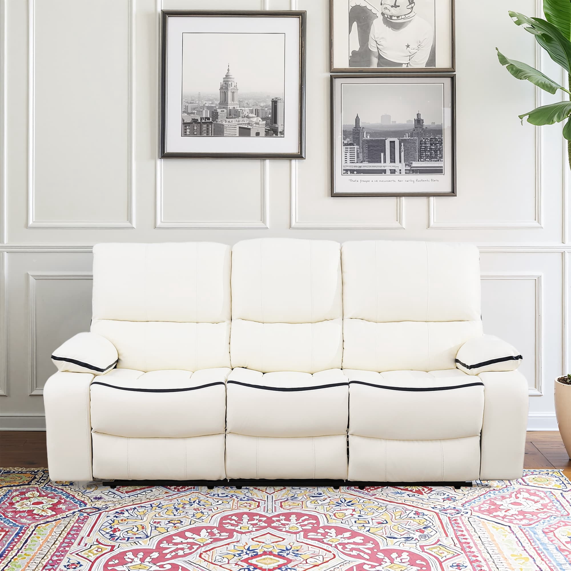 MAYEERTY Power Reclining Sofa, Electric 3-Seat Breathable Leather Recliner with Reversible Coffee Table for Living Room, White