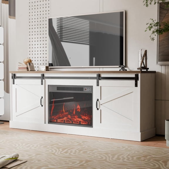 Fireplace TV Stand for 70 Inch TV, Farmhouse Media Entertainment Center Console with 24" Electric Fireplace, Large Rustic Media Console Cabinet with Sliding Barn Door,Storage Shelves