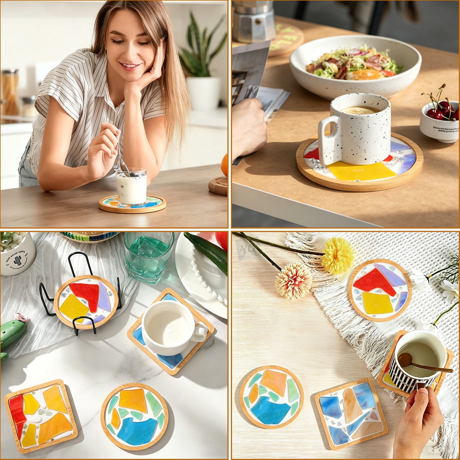 Austok 4 Pcs DIY Mosaic Kit for Adult Glass Tile for Craft with Bamboo Cup Pad for Women Mixed Color Mosaic Art Craft Cup Mat Project Handmade Making Kit Set for Home Decor Present