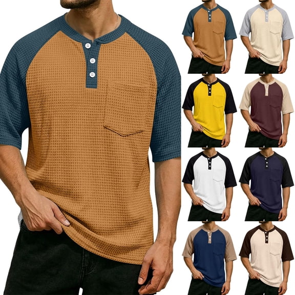 Hearthz Waffle Knit Henley Shirts for Men Raglan Short Sleeve Mens Graphic T-Shirts Moisture Wicking Color Block Athletic Shirts for Men with Pocket White S